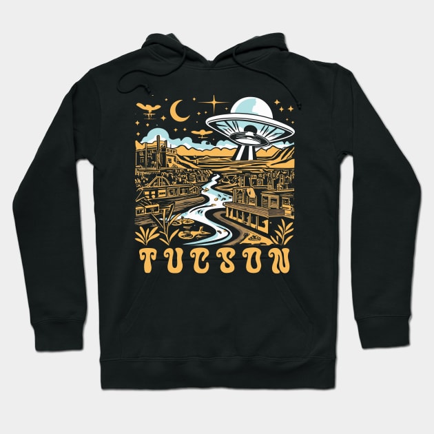 Tucson Arizona Vintage UFO Desert Town Illustration - Retro Extraterrestrial Art Hoodie by TeeTrendz